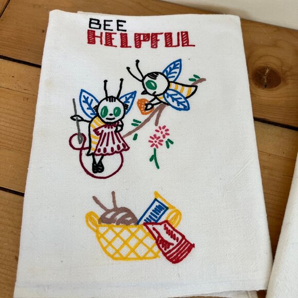Bee Clean Helpful Tasty Kitchen Tea Towel Dish Cloth Vintage Set of 3 White - Picture 9 of 9